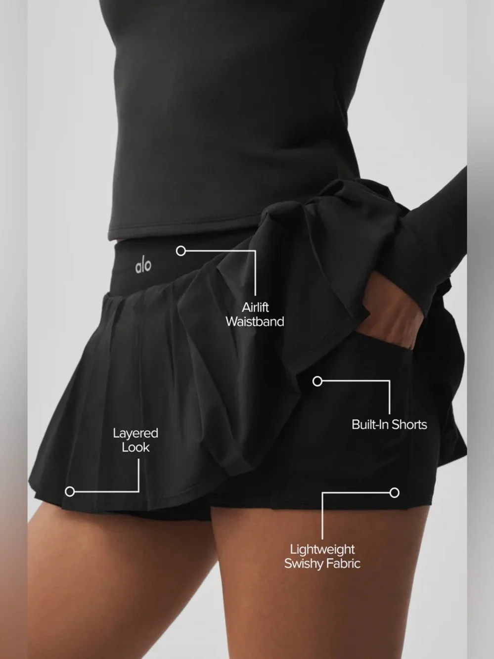 ALO Yoga Black Pleated Tennis Skirt